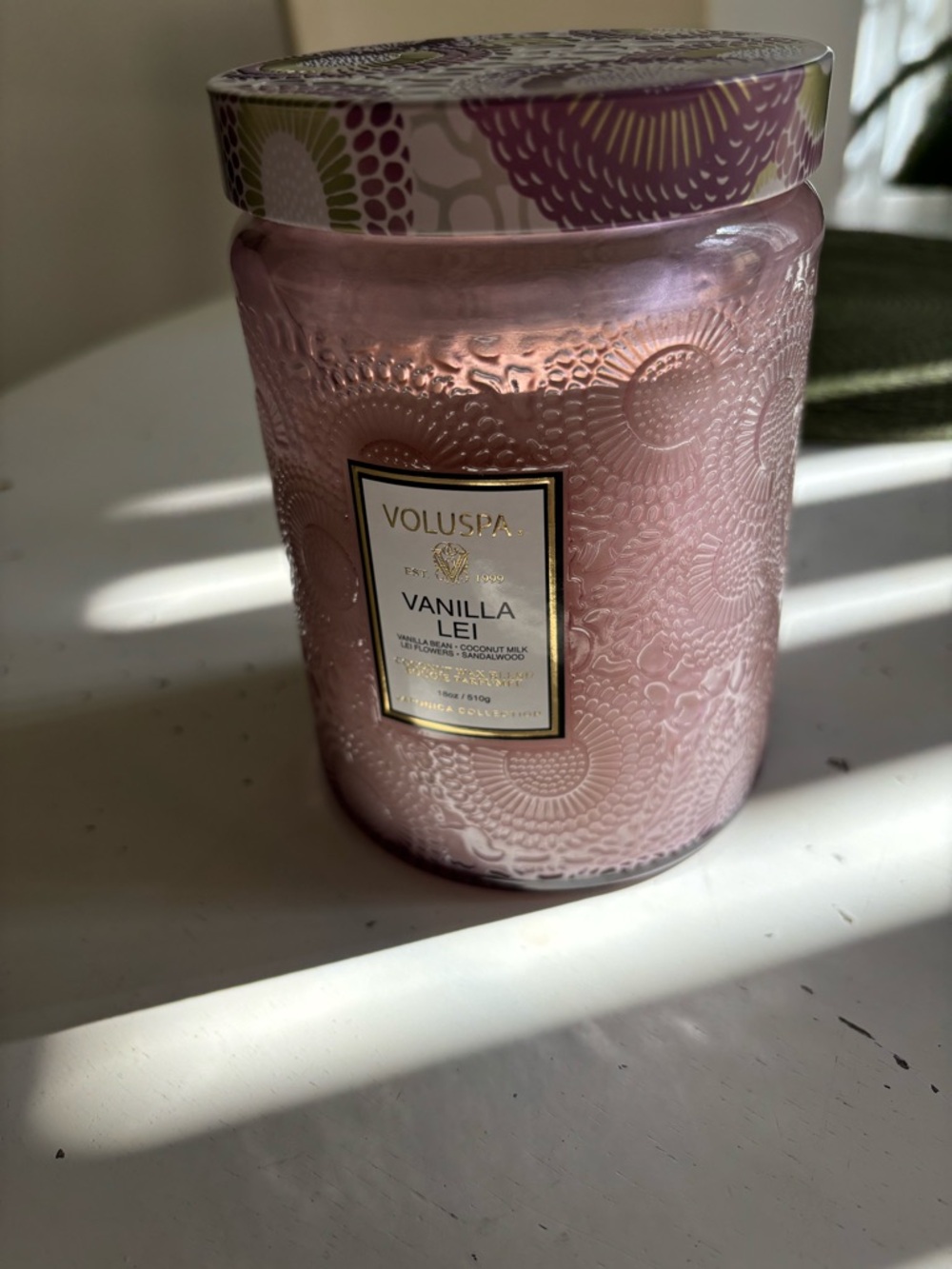 Voluspa Pink Embossed Vanilla Lei Scented Glass Jar Candle 18 Oz